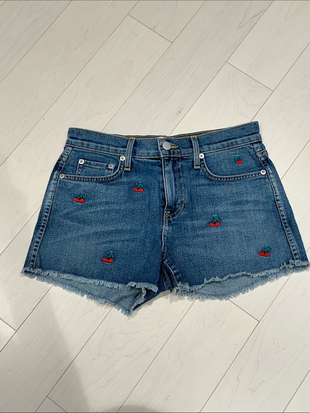 Sundry Women’s Blue Denim Cherry Embroidered Cutoff Shorts - size 25